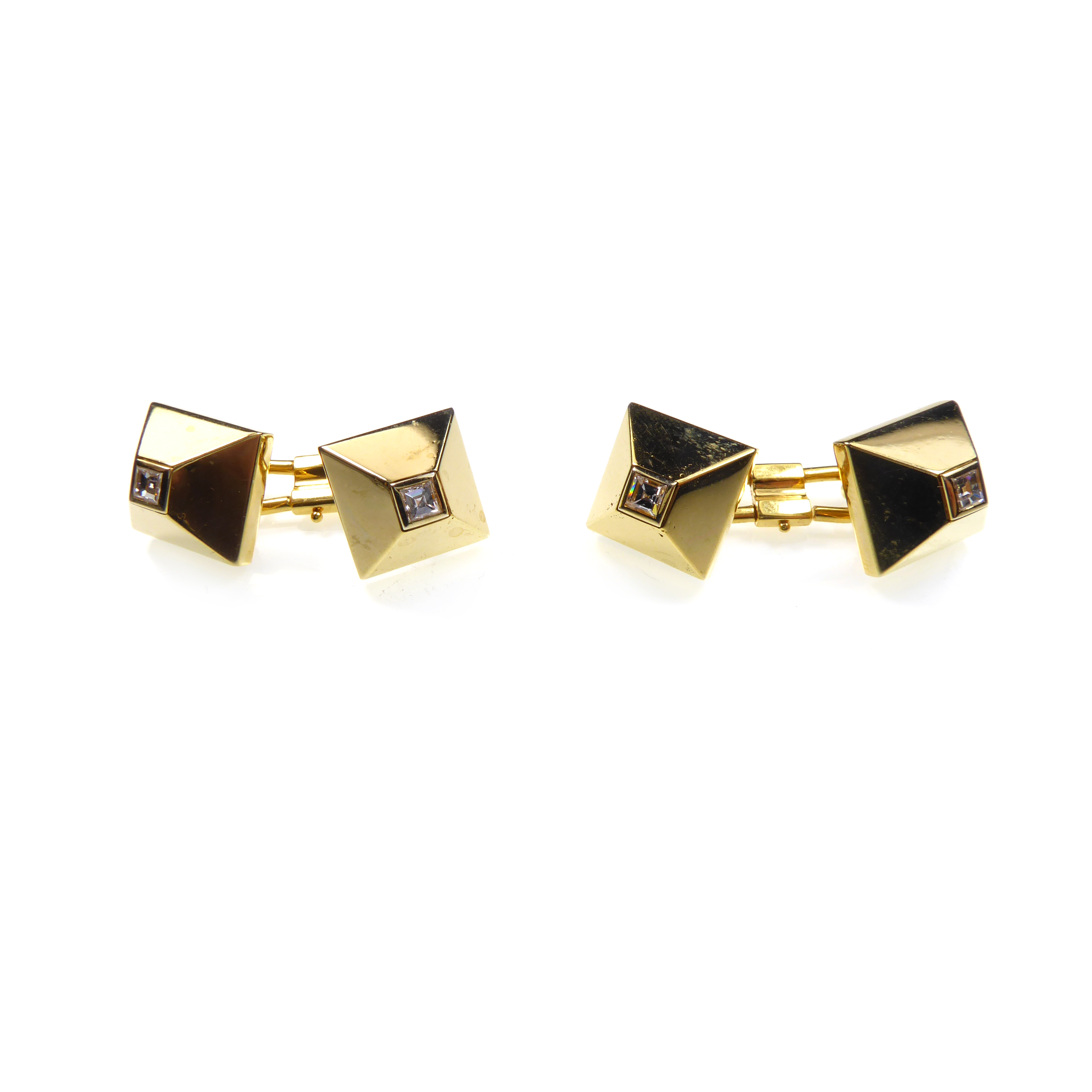 Pair of gold and diamond pyramid cufflinks, French,